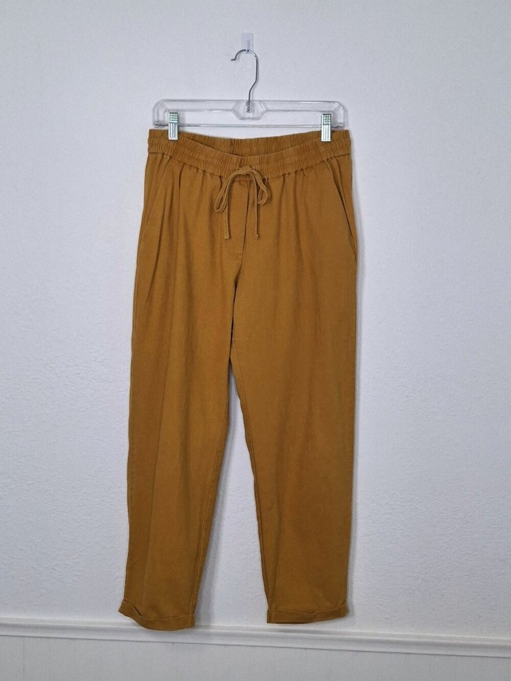 J.Crew Linen Blend Pants Sz 8 Pull On Ankle Mustard Yellow Drawstring Coastal